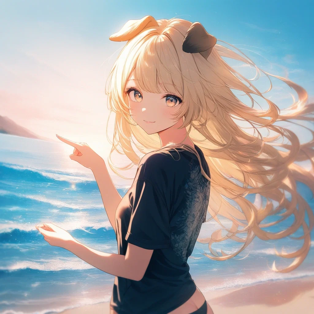beautiful blonde girl dog ears beach