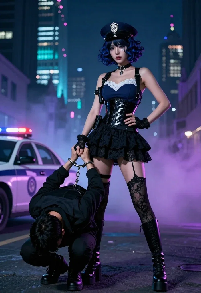 korean police officer arresting criminal at night