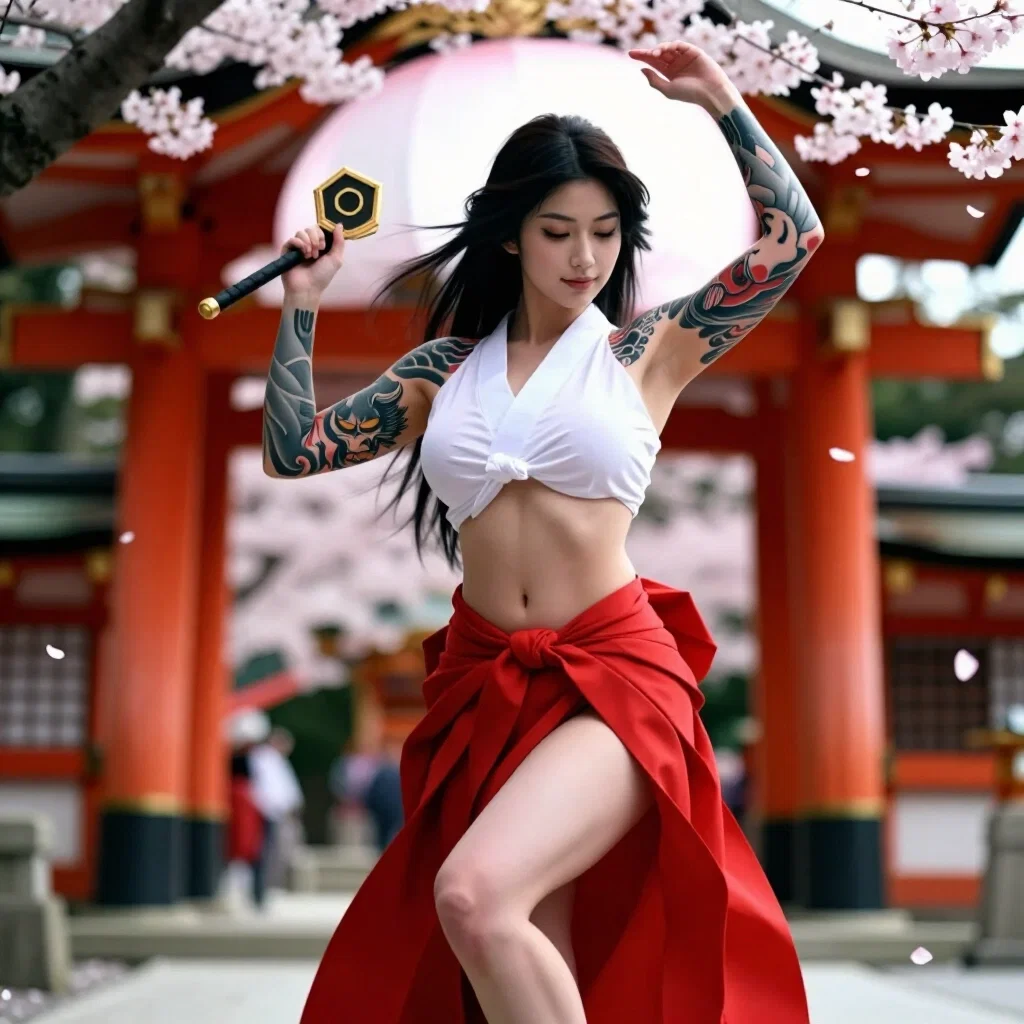 shrine maiden dancing cherry blossoms oni tattoos