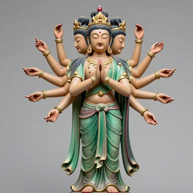multi armed deity statue with three heads