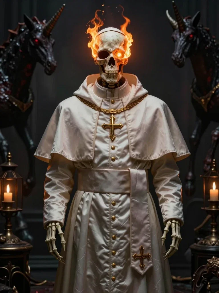 fantasy pope skeleton flames dark creatures
