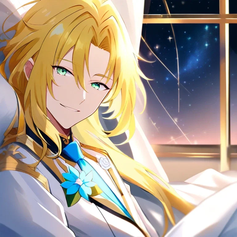 handsome man long golden hair white suit starry sky