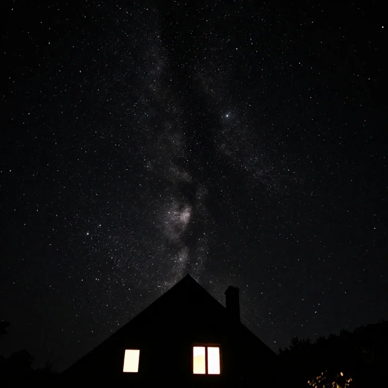 starry sky house with triangular roof chimney windows