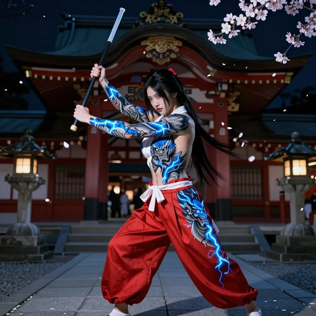 shrine maiden with glowing tattoos fights spirits