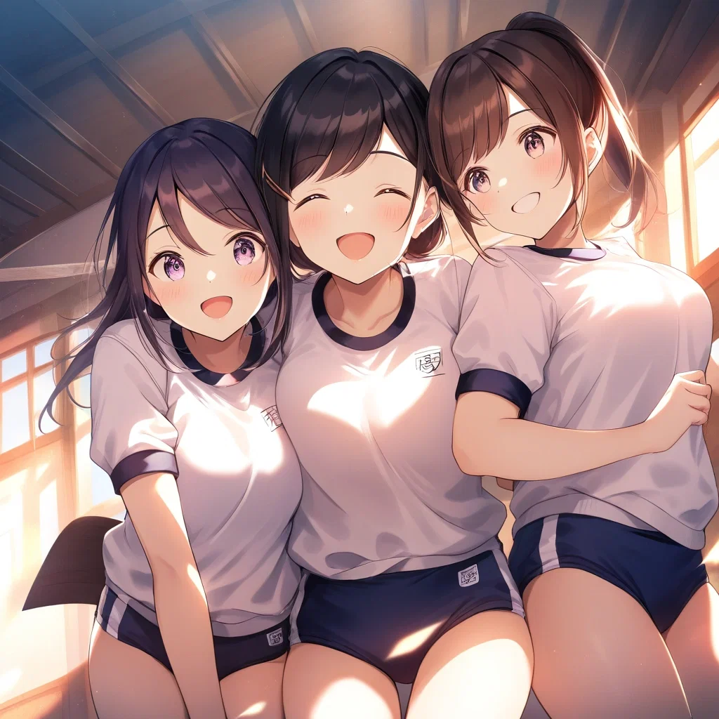 artistic women in navy uniforms smiling in gym