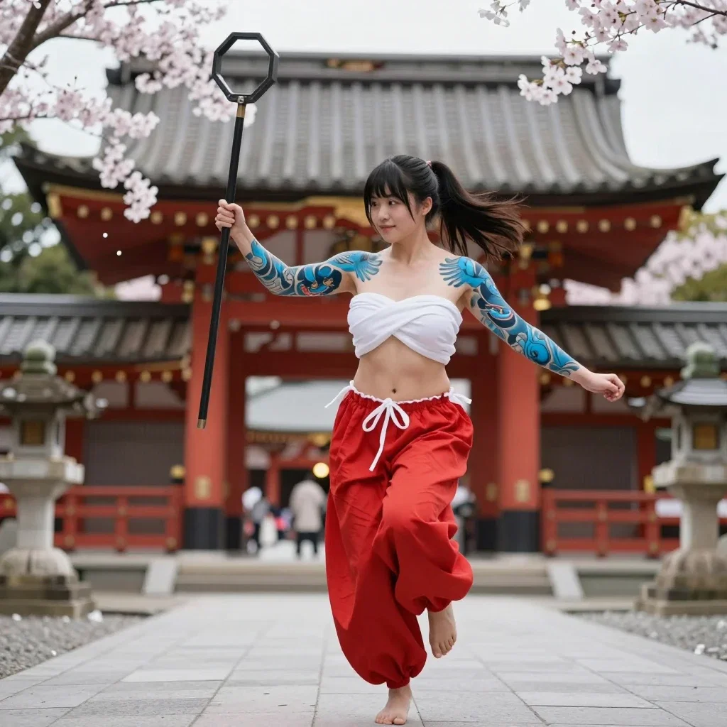 shrine maiden with oni tattoos dancing at shrine
