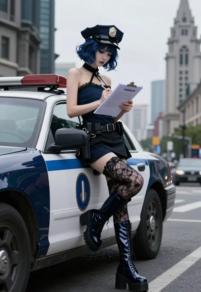 gothic police girl writing report leaning car