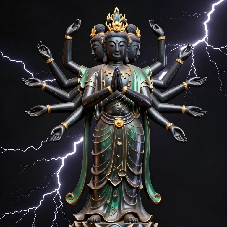 multi armed deity statue with serene expression