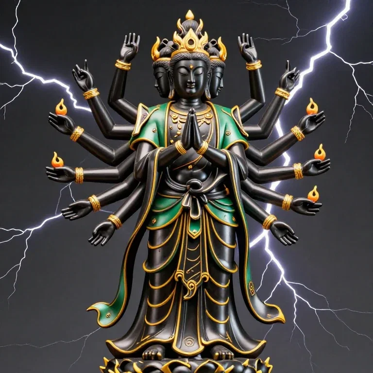multi armed deity statue with serene expression