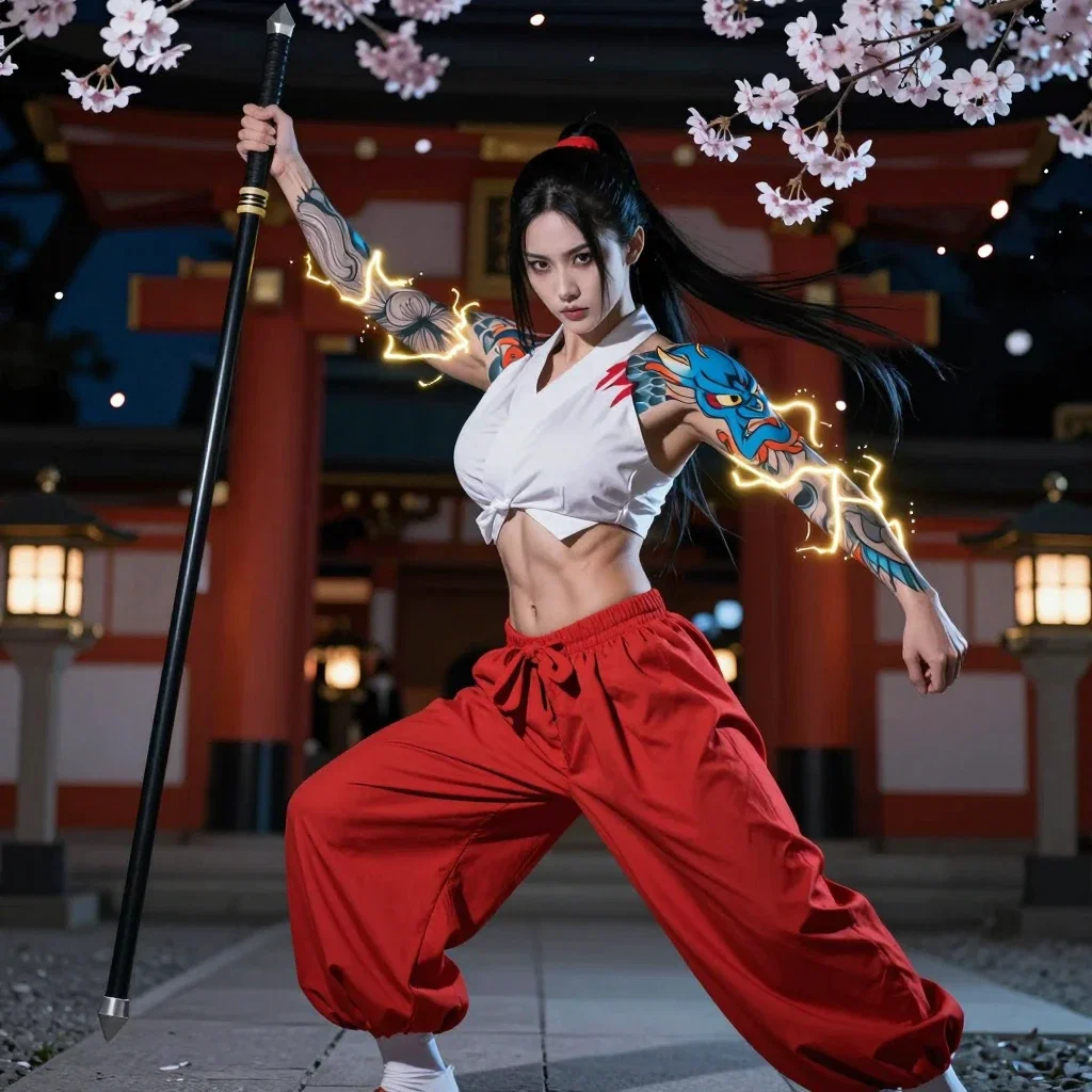 miko fights spirits with lightning staff