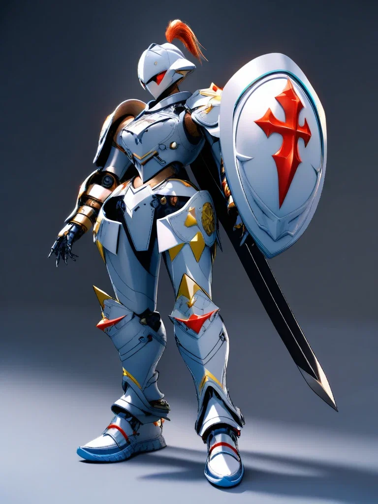 chibi knight robot with sword shield