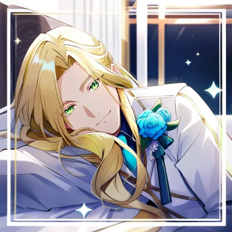 handsome man long golden hair white suit smiling