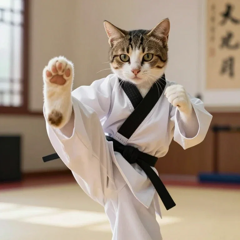 kung fu kitty practicing in dojo