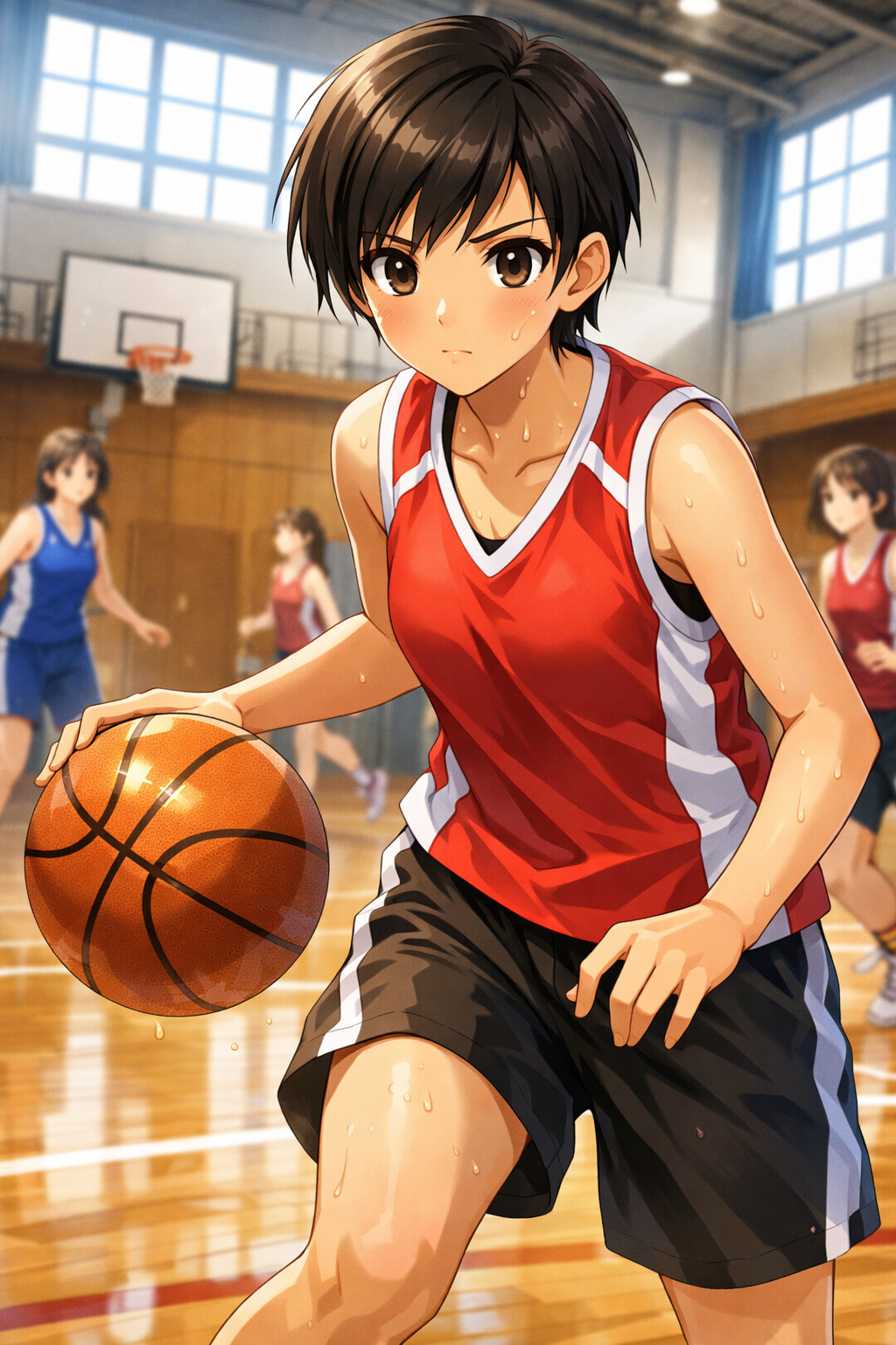 anime girl basketball player dribbling gym
