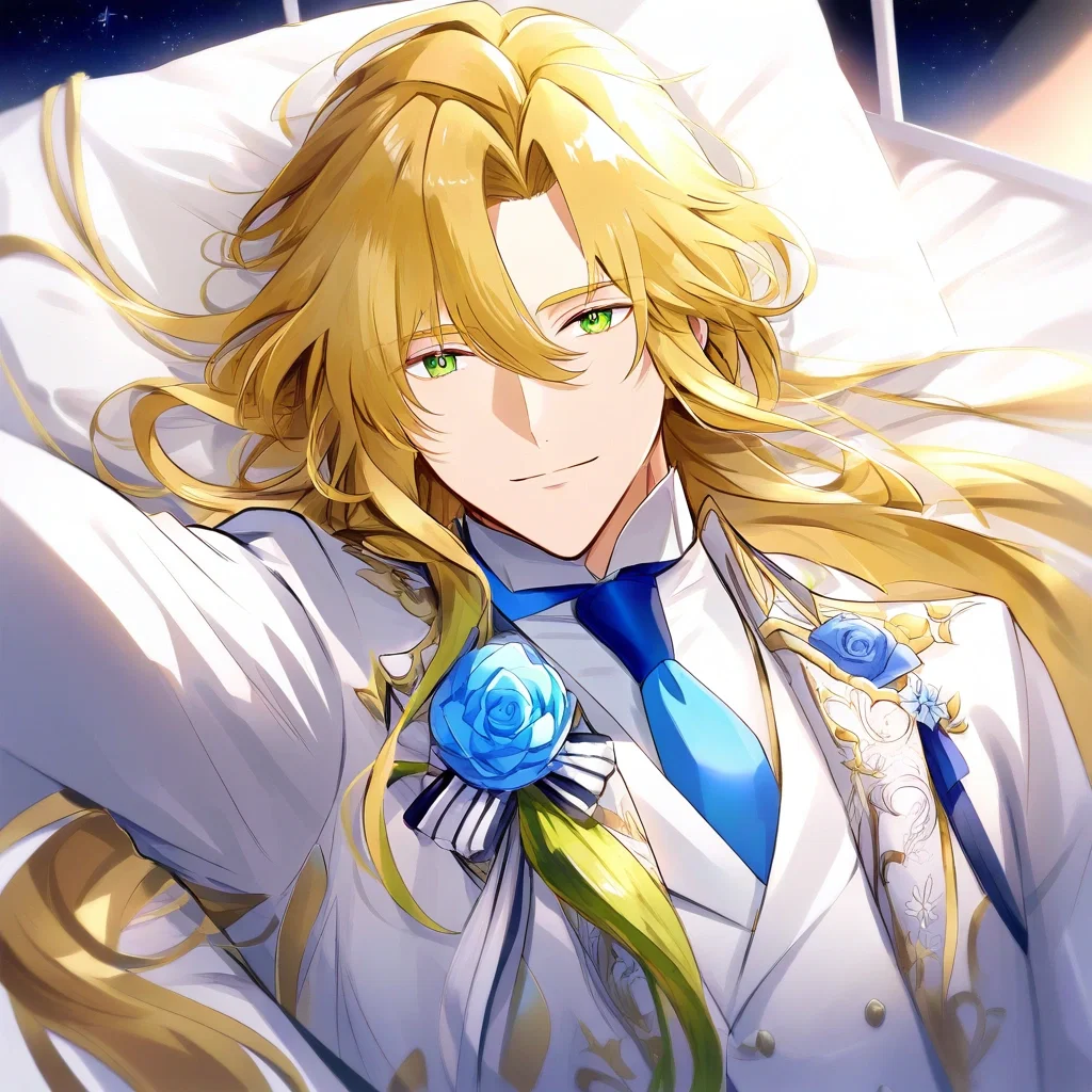 handsome man with long golden hair in white suit
