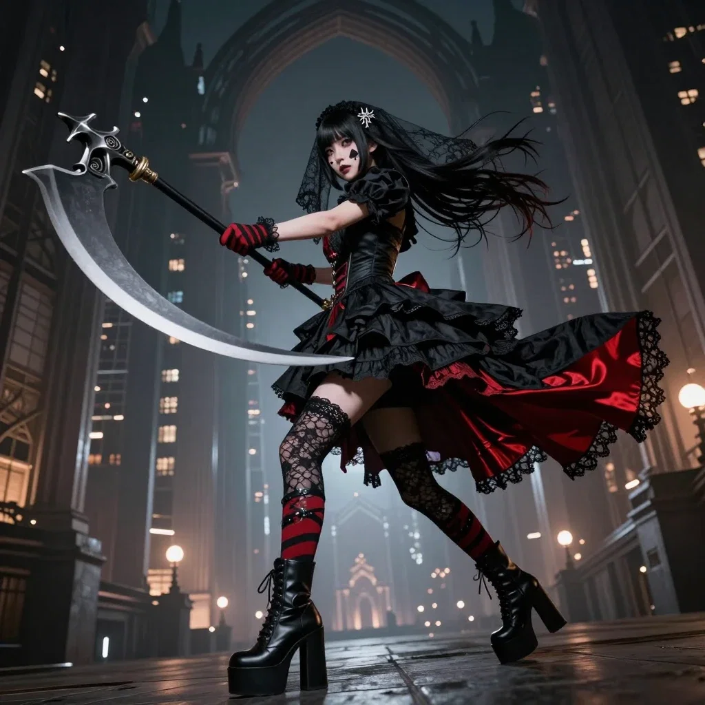 gothic female warrior with scythe in noctrium city