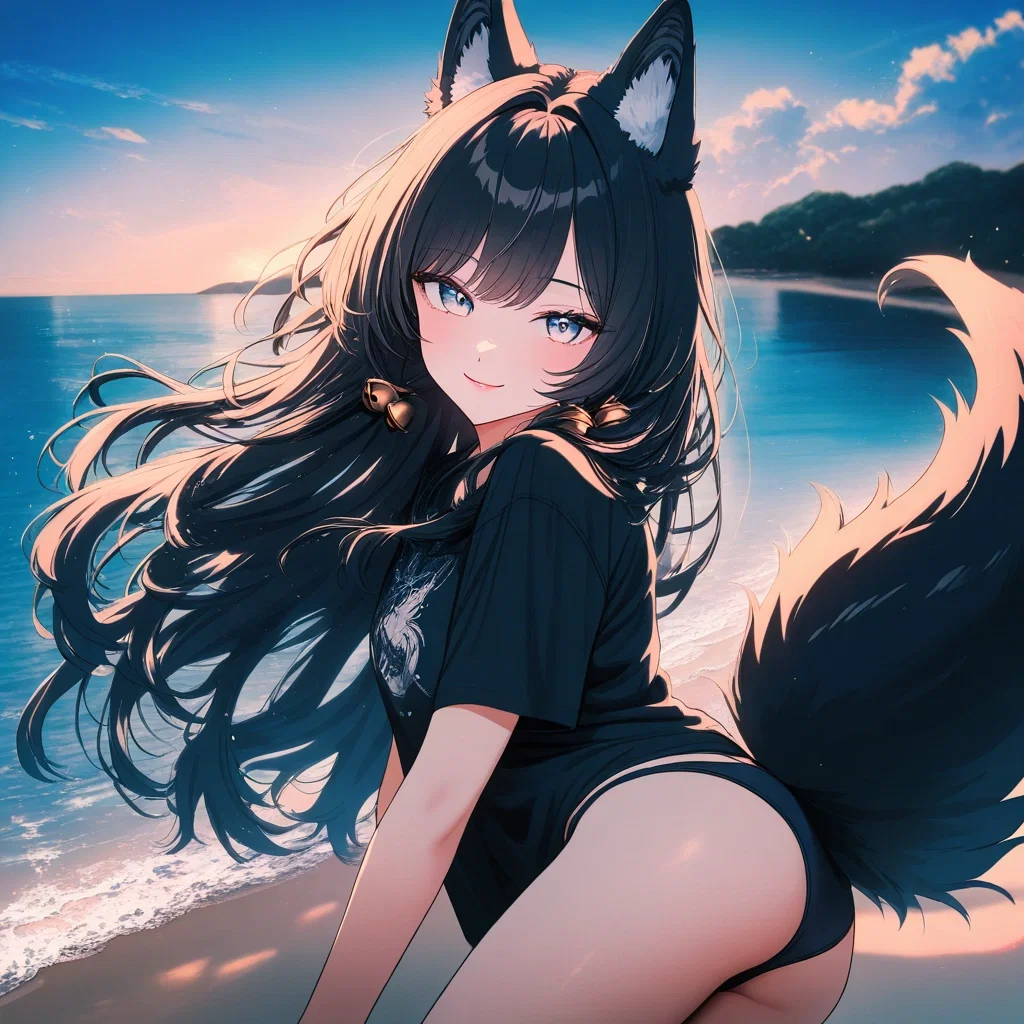 beautiful girl wolf ears tail beach sunset