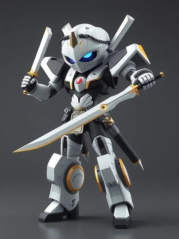 chibi ninja robot with swords