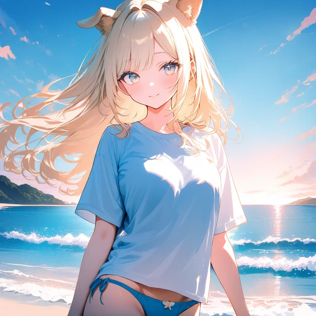 beautiful blonde girl dog ears beach sunset
