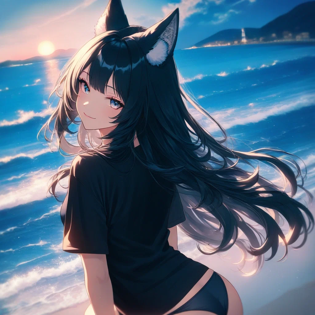 beautiful girl wolf ears beach sunset