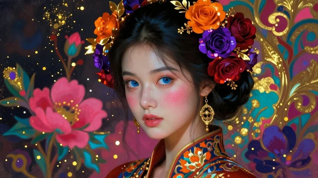 ethereal woman with floral hair and abstract background