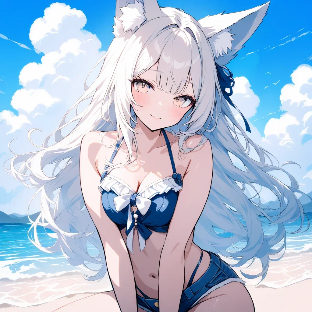 beautiful girl fox ears swimsuit beach