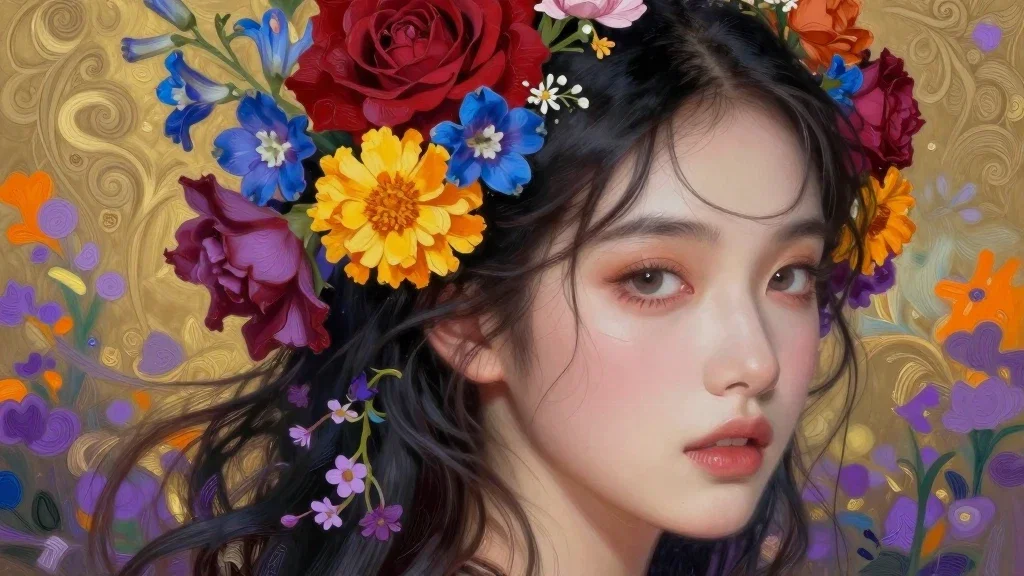 akimora style portrait of a woman with floral hair