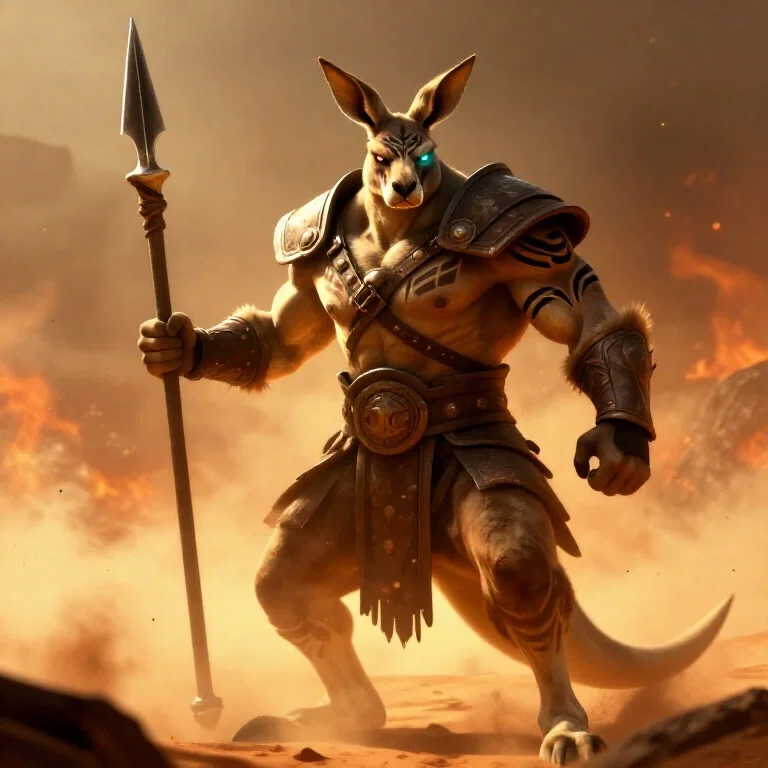 muscular kangaroo warrior with bone spear in desert