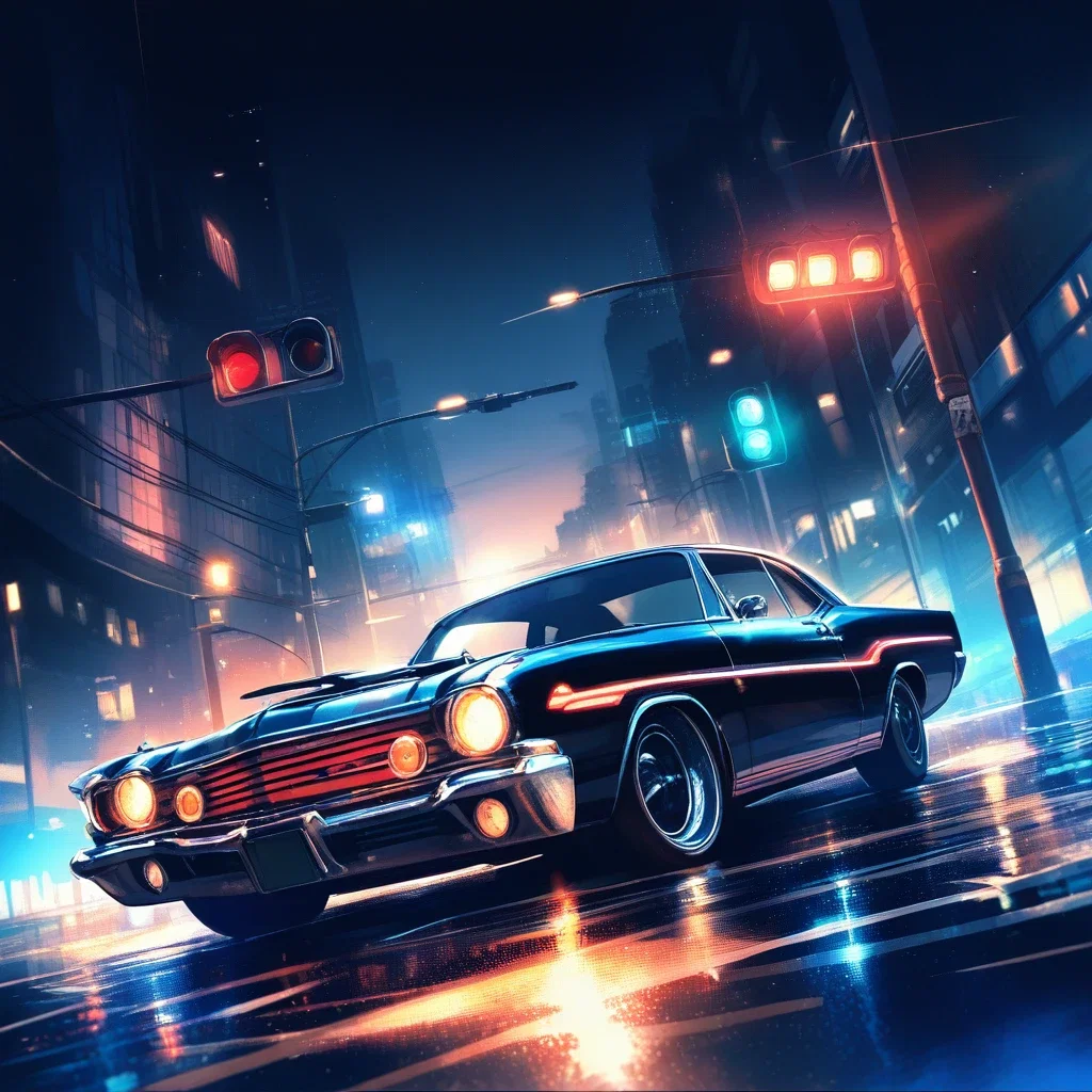 dark night city streets american car traffic lights