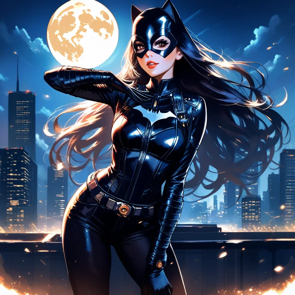 batman catwoman gotham city moonlit night