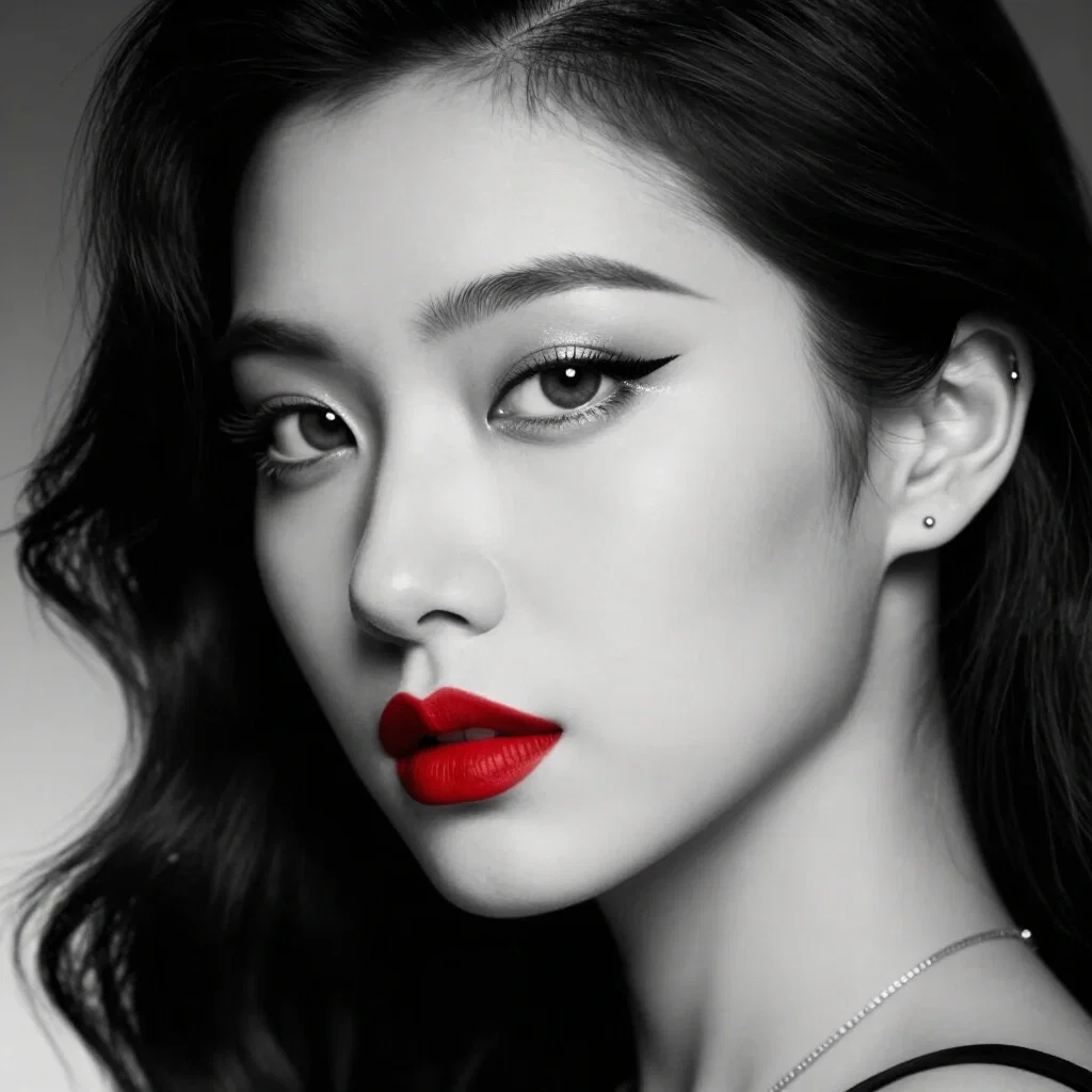 asian model red lips brown eyes black white photography