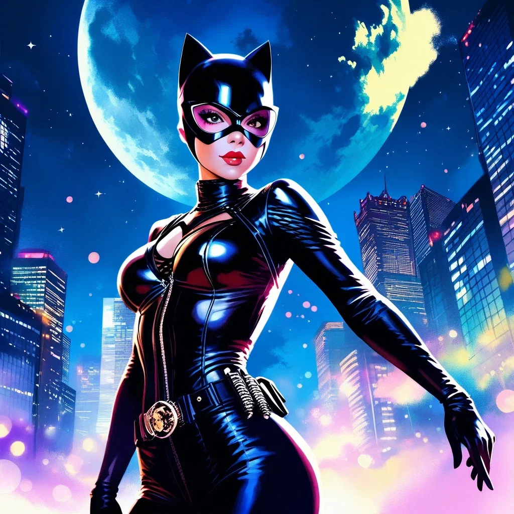 gotham city catwoman moonlight watercolor painting