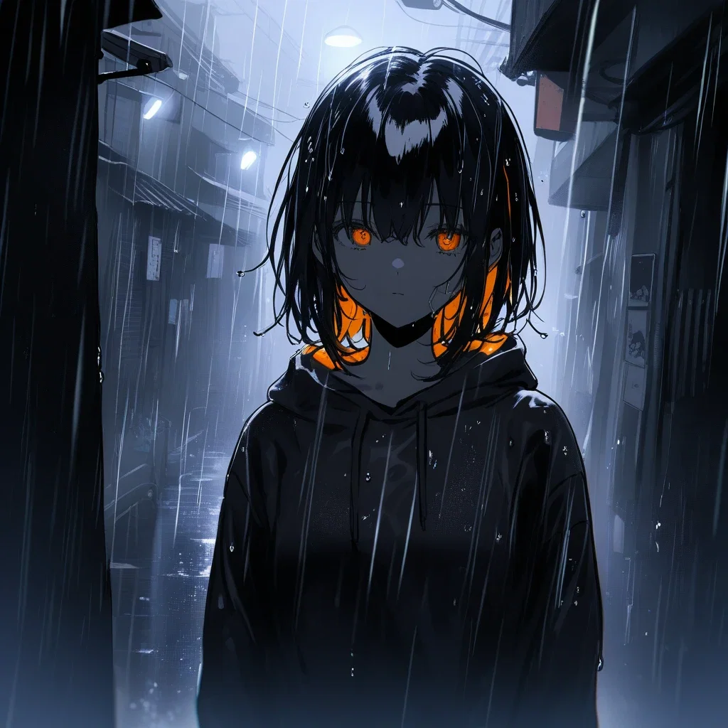 dark alley wet hoodie woman soft light