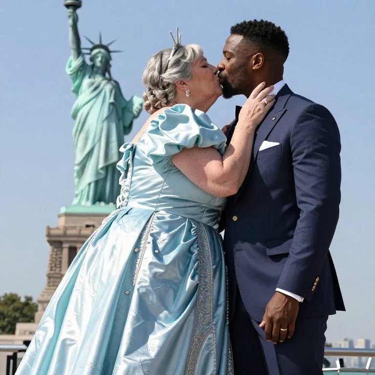 obese woman kisses man statue liberty