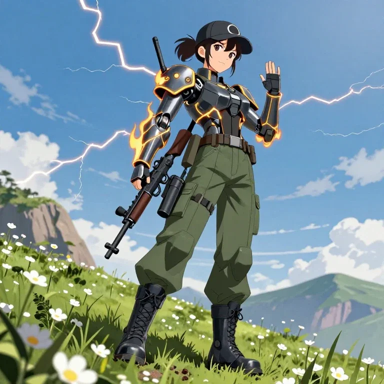 anime girl military outfit mountain slope