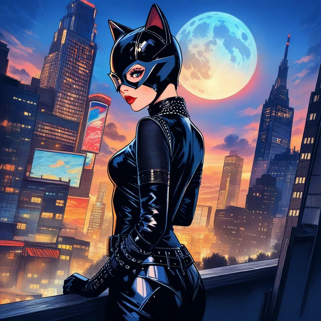 catwoman gotham city golden hour painting