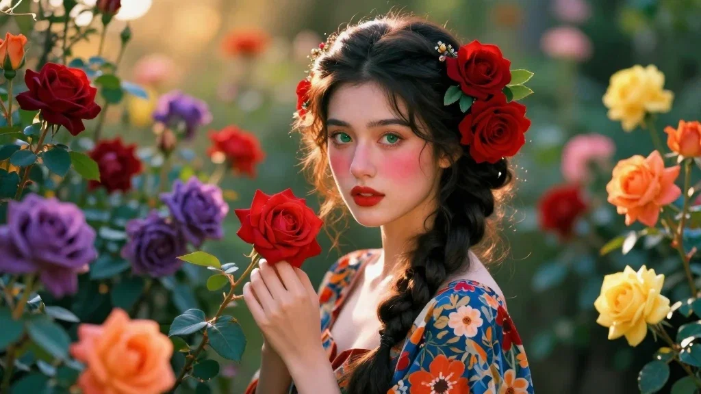 spanish woman with roses in garden