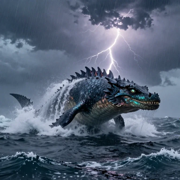 leviathan emerging from stormy ocean