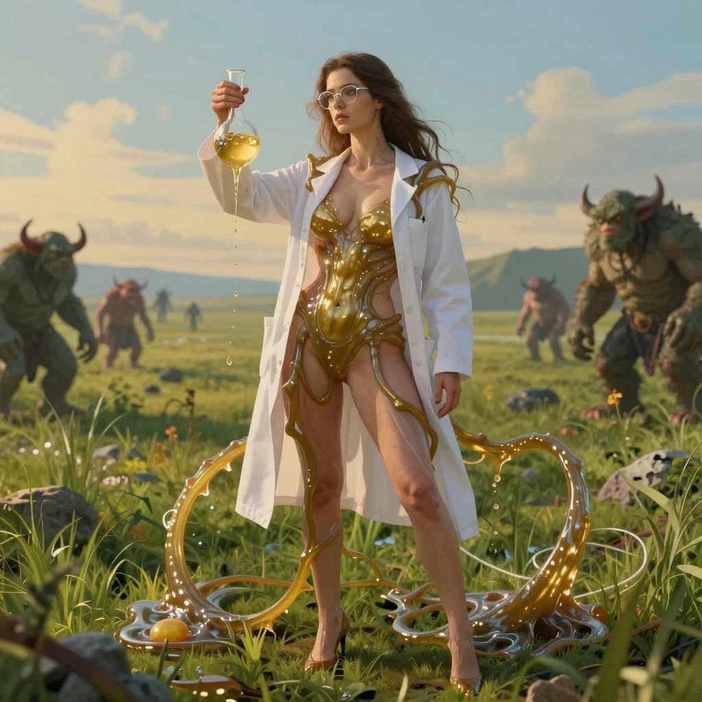 female scientist with slime monster in grassland
