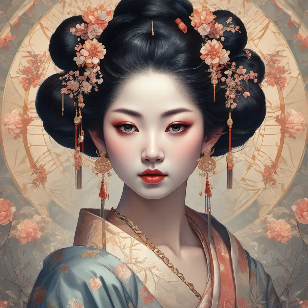 ethereal geisha portrait with vivid colors