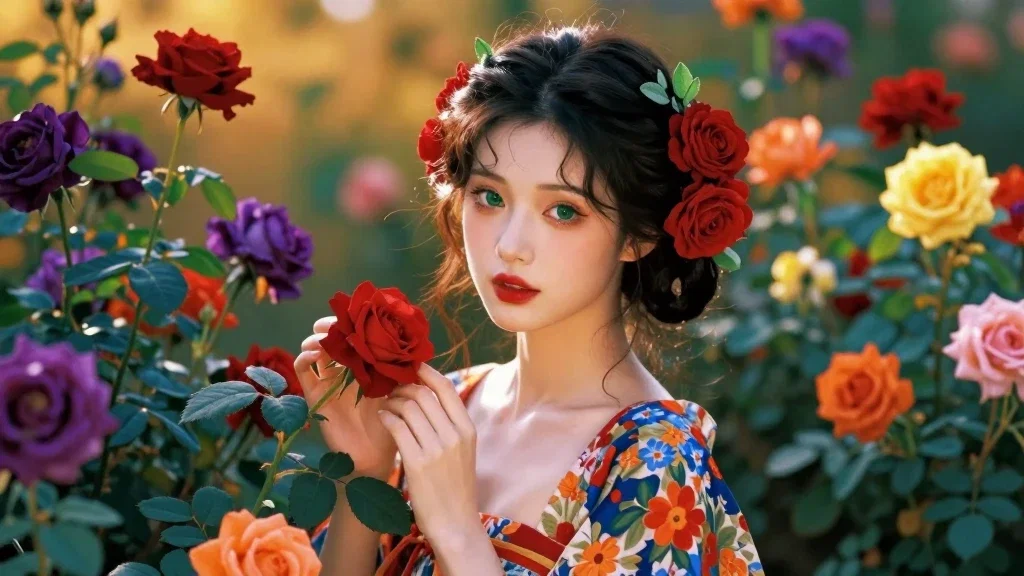 asian woman with roses in garden