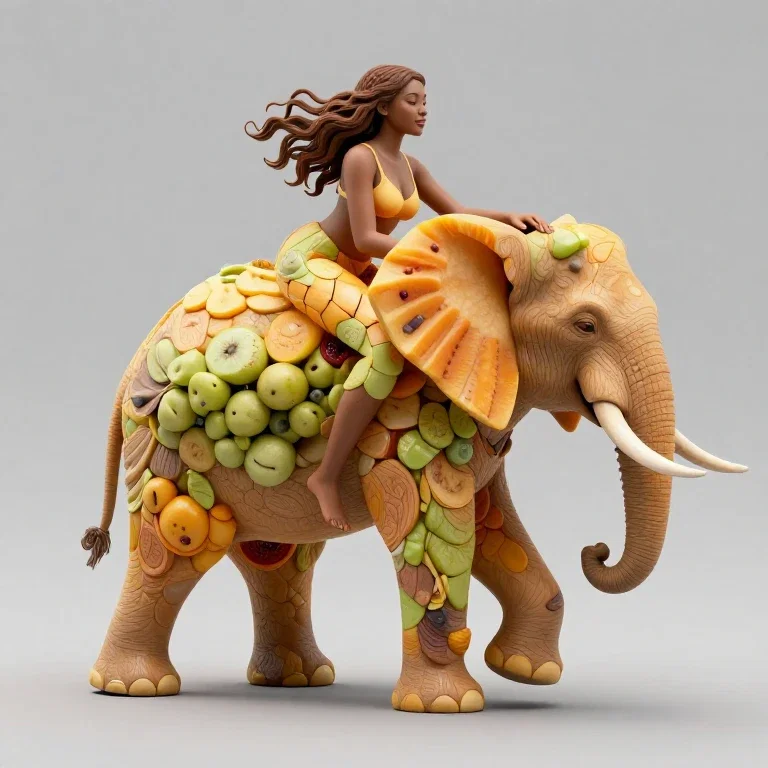 fruit sculpture elephant carrying woman