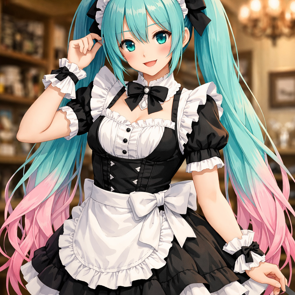 hatsune miku in maid outfit with pink hair tips