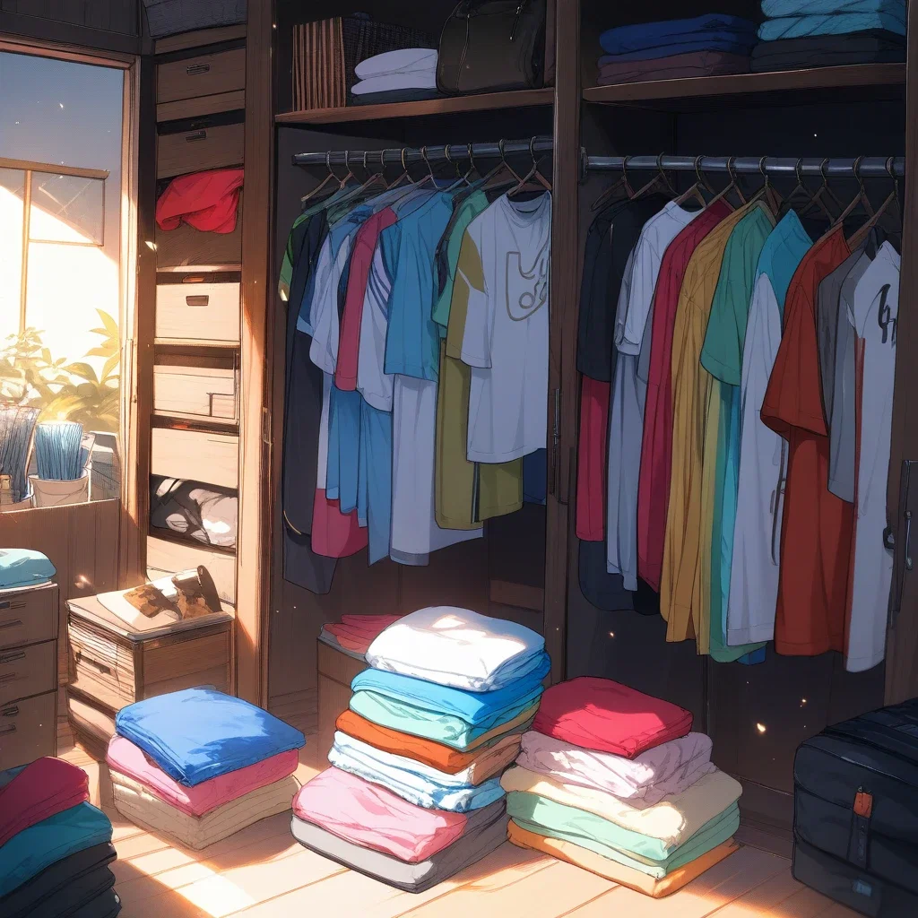 wooden closet filled with t shirts