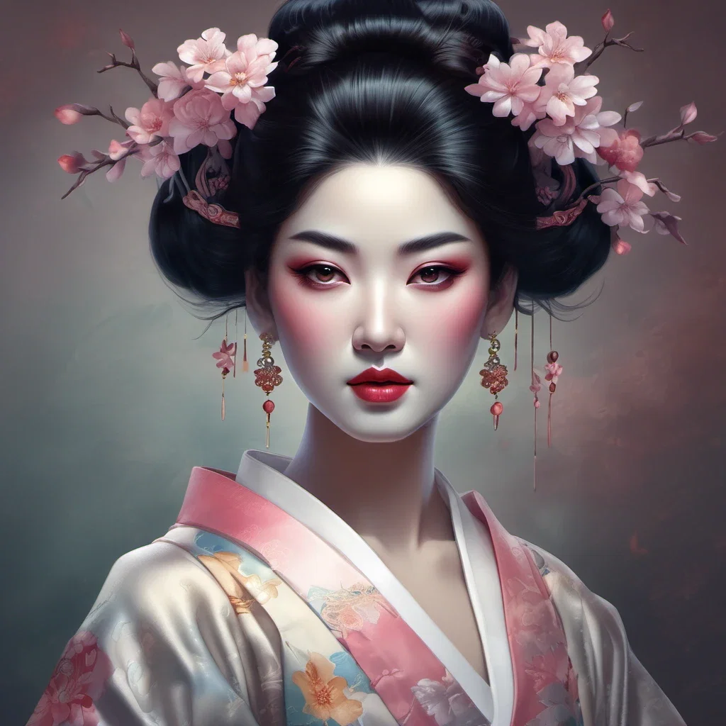 digital illustration geisha ethereal portrait opalescent skin