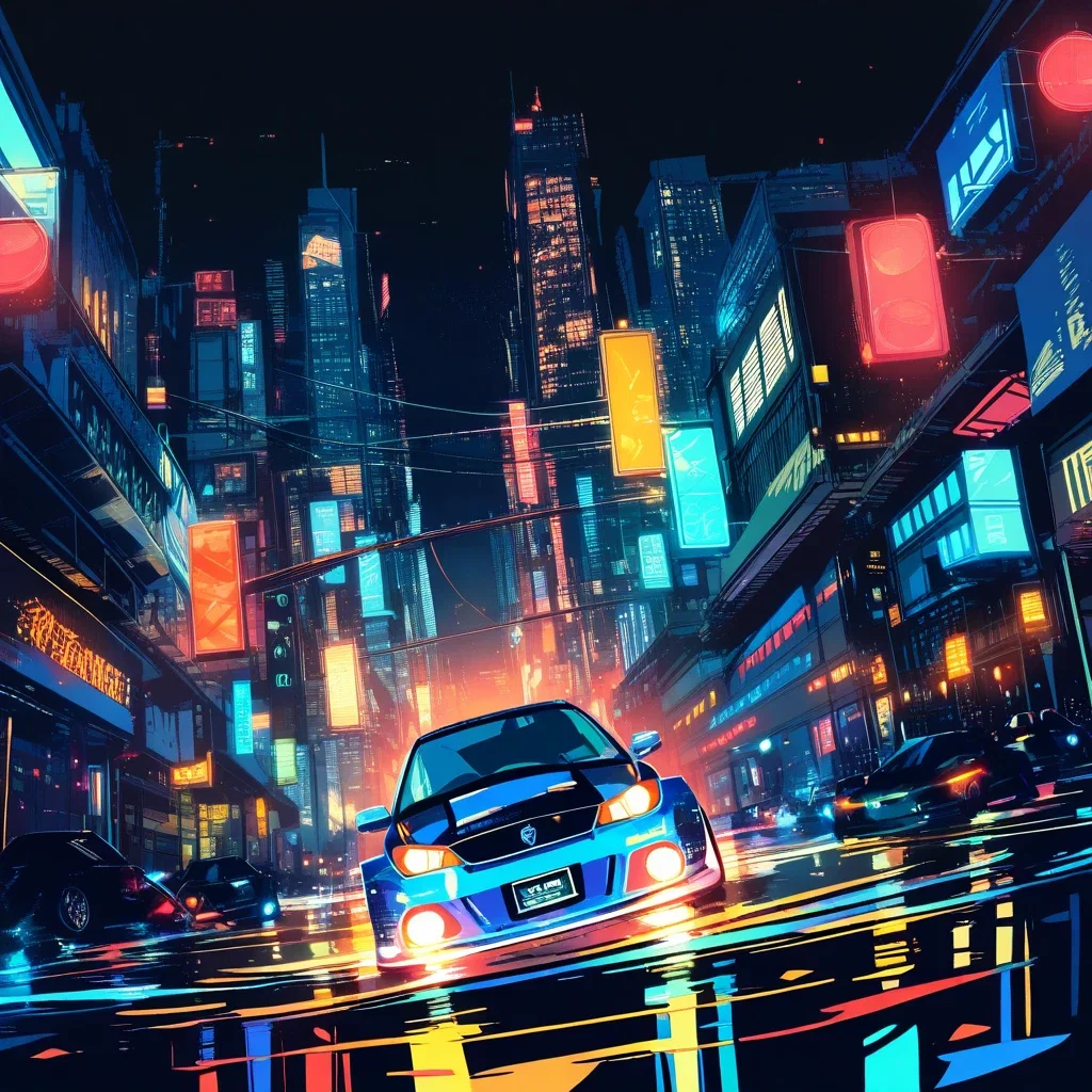 night city streets drifting car traffic lights