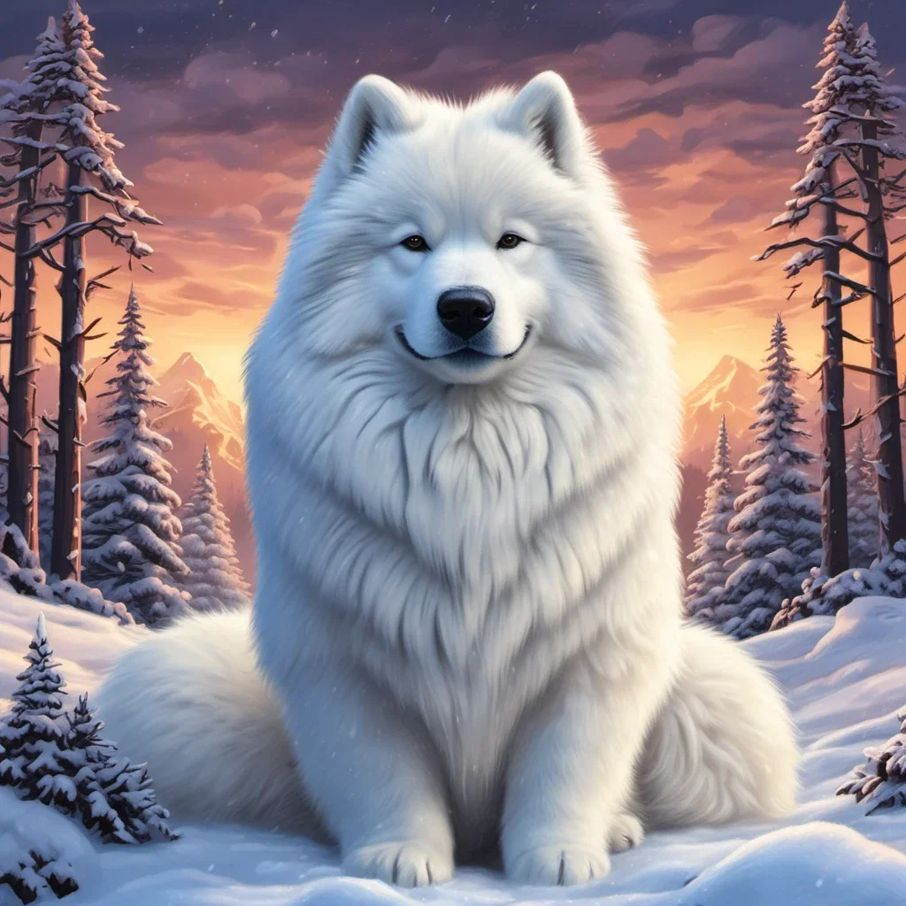 samoyed dog sitting snow playful expression