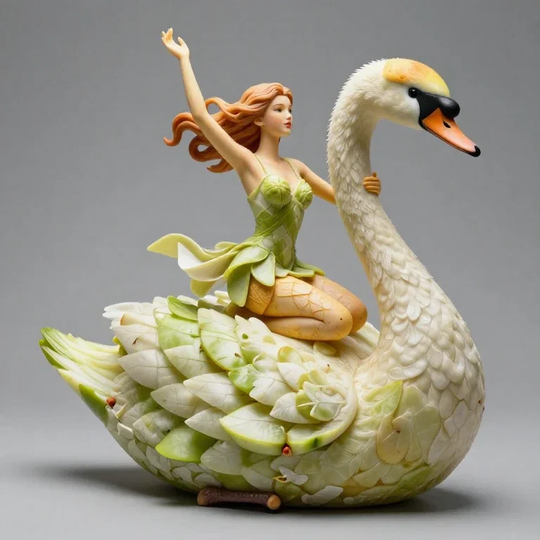 fruit sculpture woman on swan realistic detailed