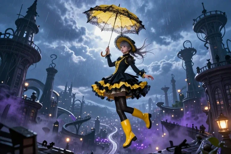 gothic lolita girl flying in twilight city