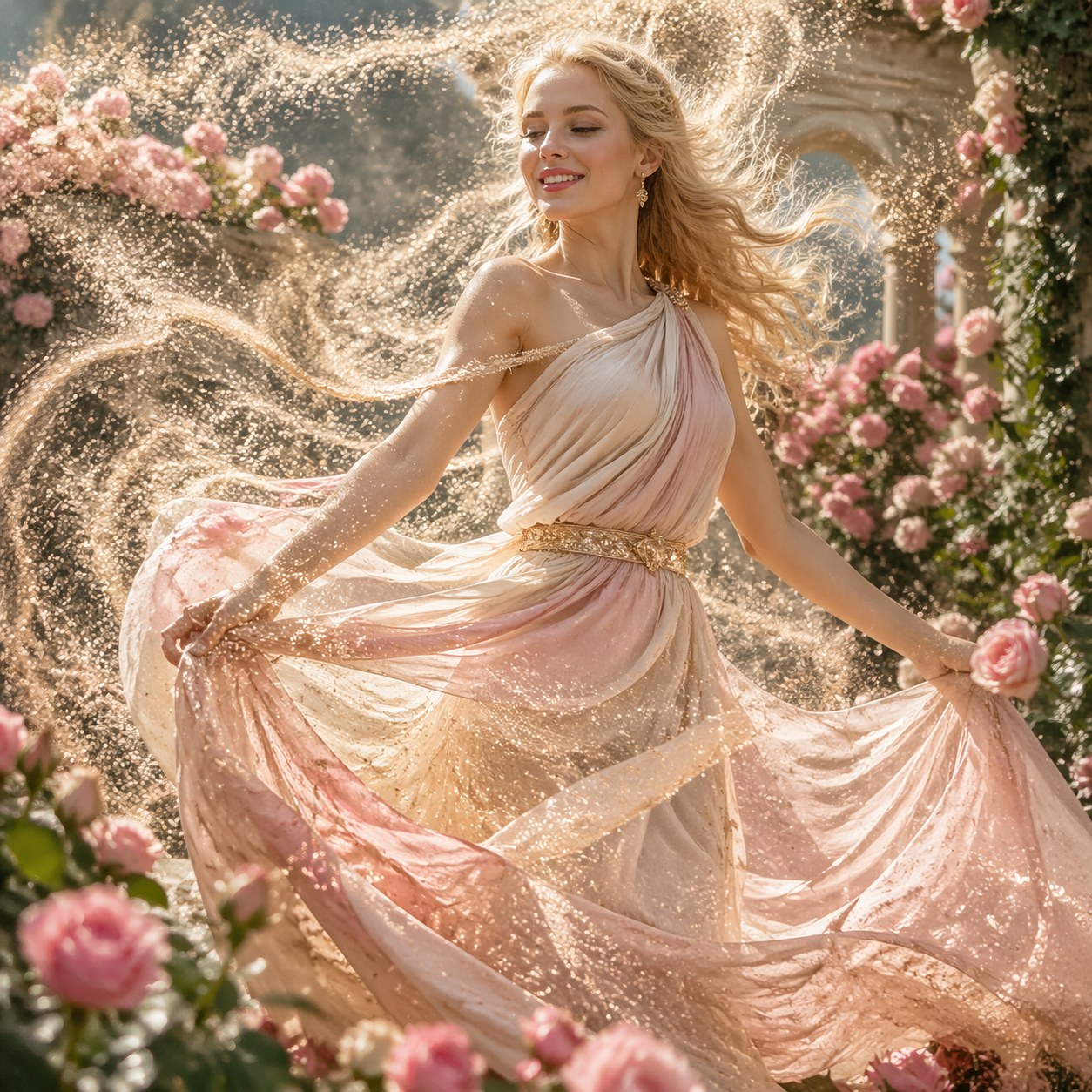 blonde beauty in rose garden wind powder art